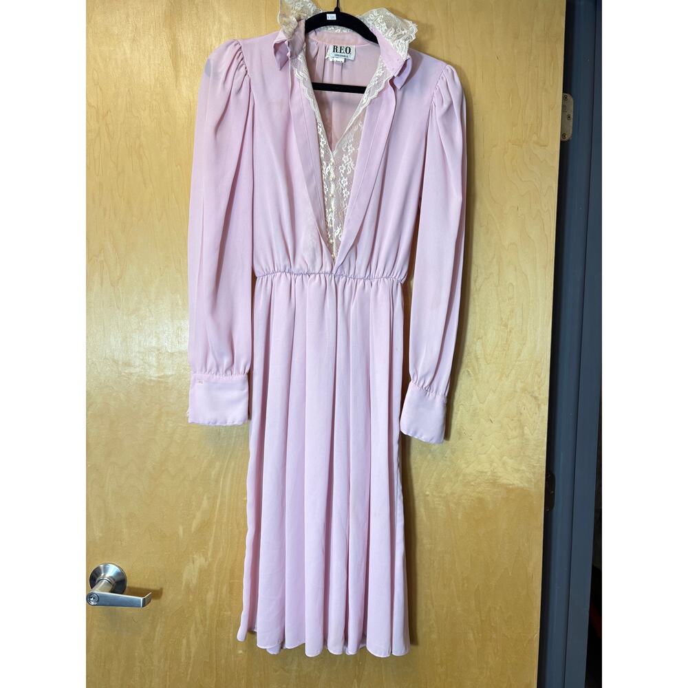 VINTAGE REO Originals Dress Womens Pink Lace Trim Midi Long Sleeve Party Size 8